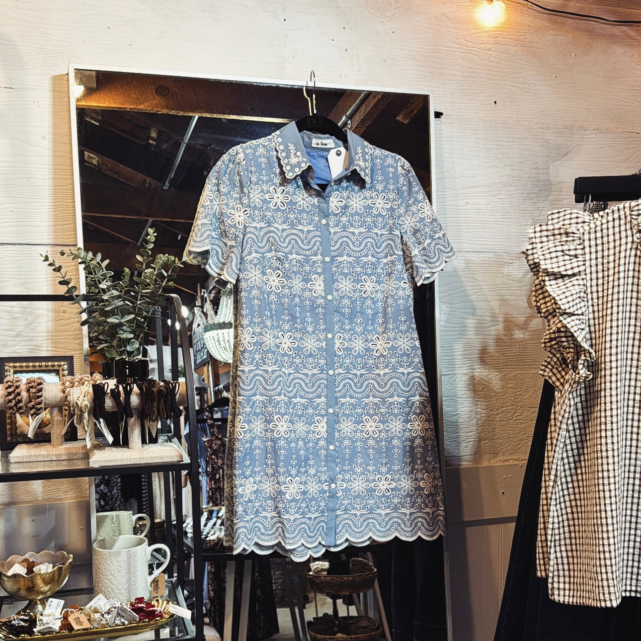Eyelet & Lace Shirt Dress- Blue