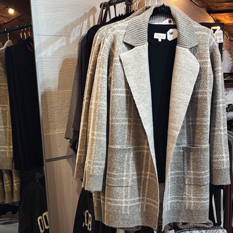 Plaid Lapel Cardigan -Mocha