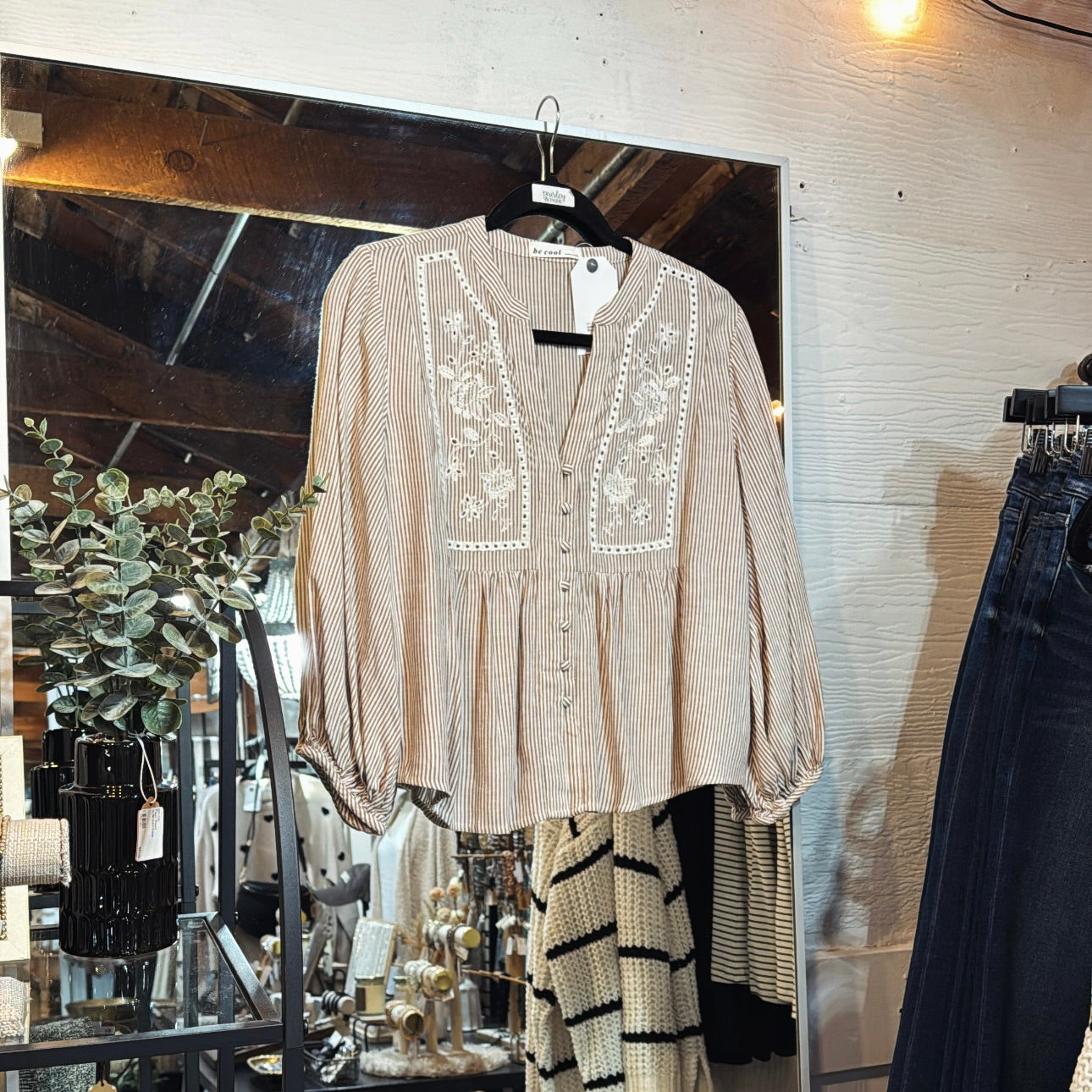 EMB Floral & Stripe Blouse - Mocha