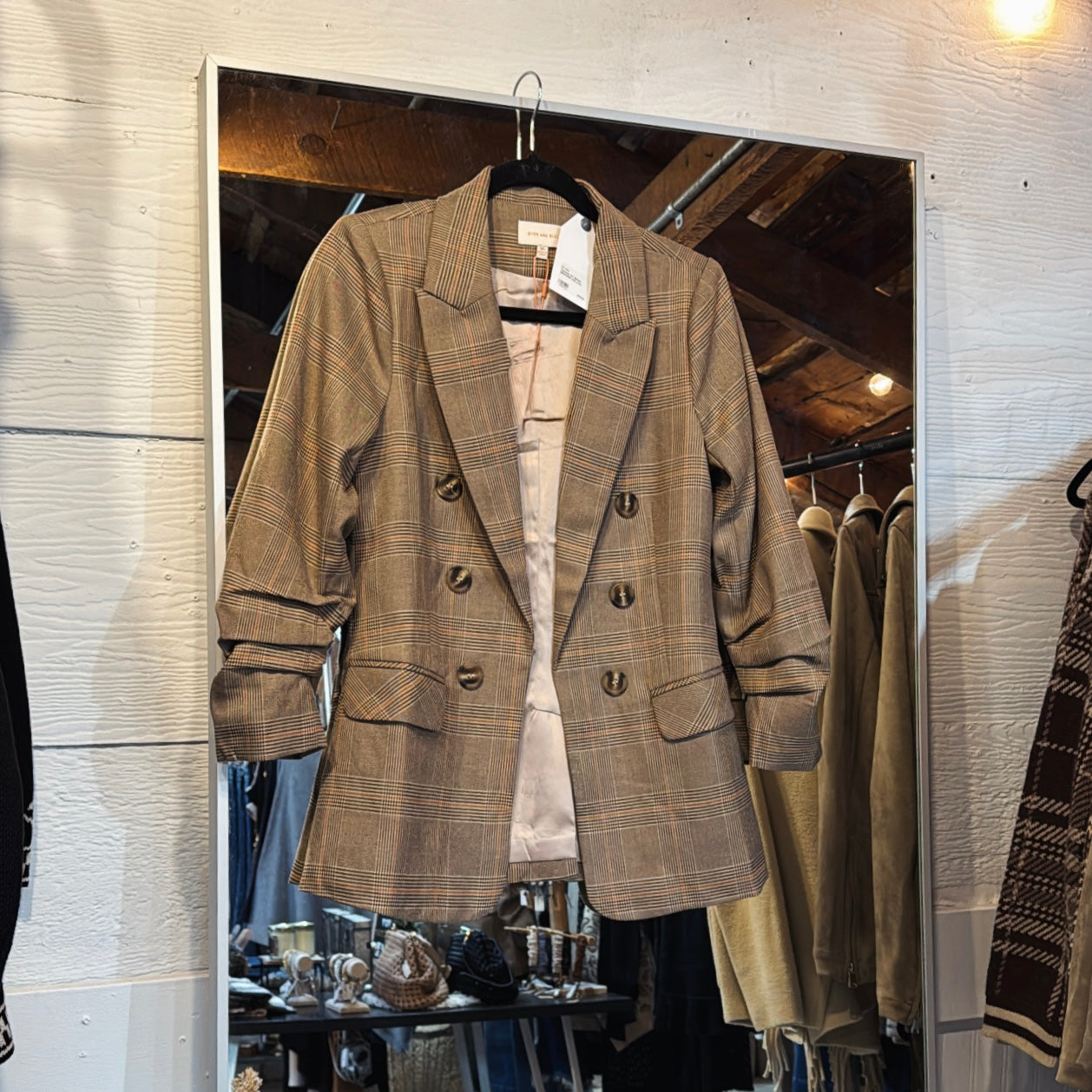 Cinched Sleeve Blazer - Brown Plaid