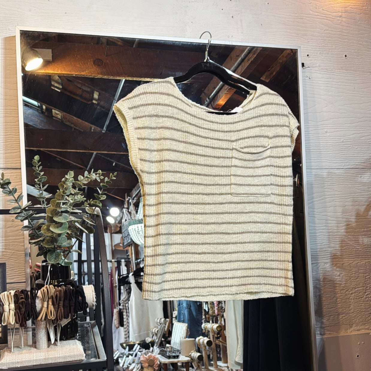 Stripe&Pocket SS Top- Mocha