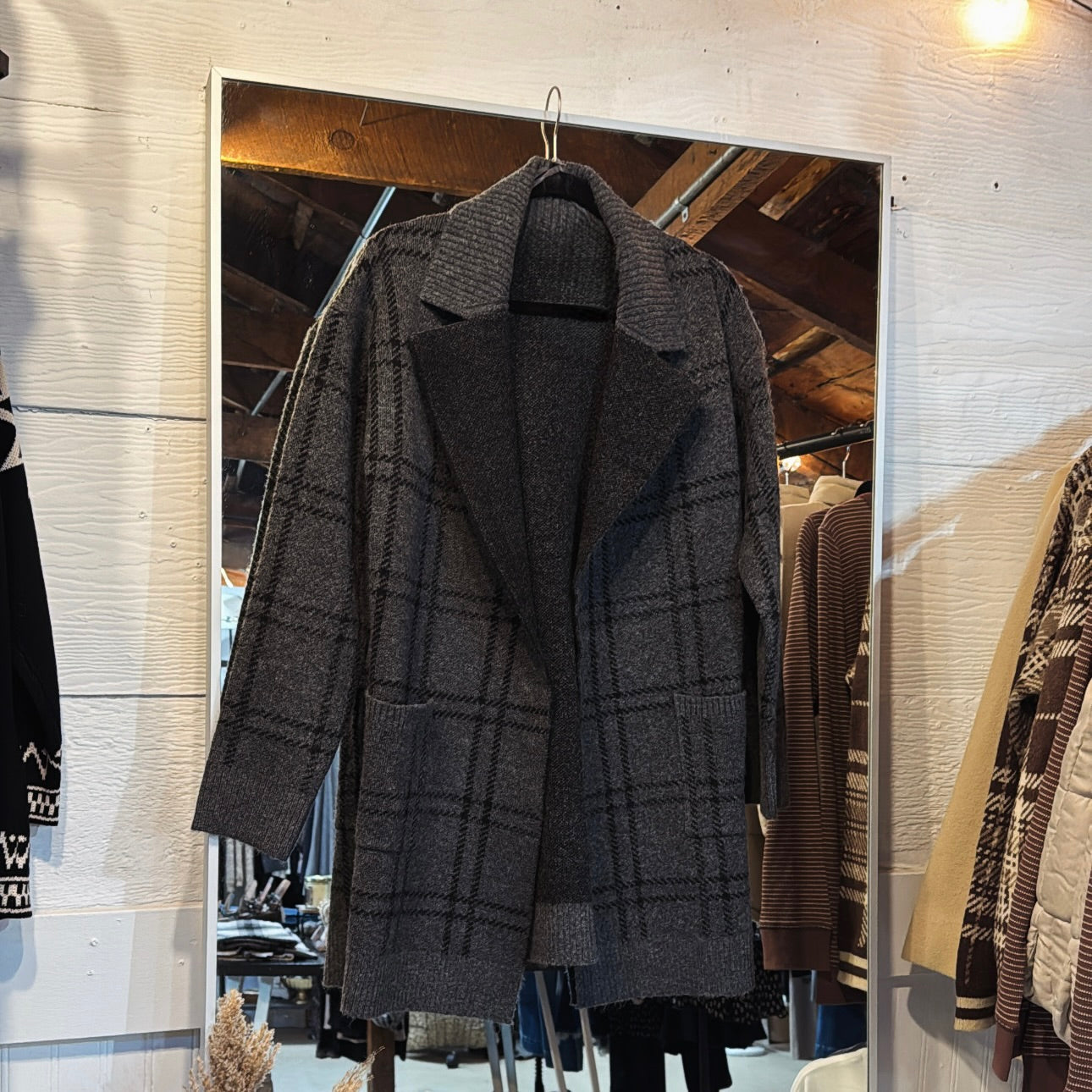 Plaid Lapel Cardigan - Grey