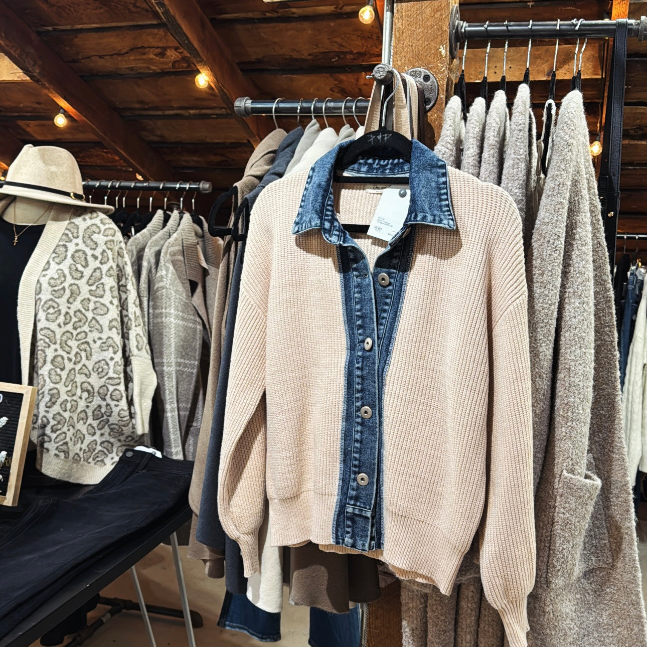 Denim Contrast Cardigan- Beige