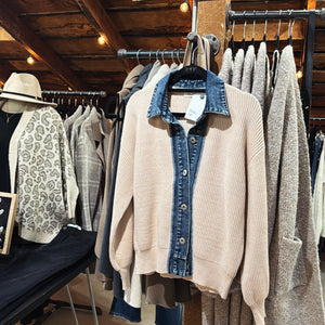 Denim Contrast Cardigan- Beige